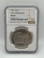 1991-D $1 USO 50th Anniversary Silver Dollar MS69