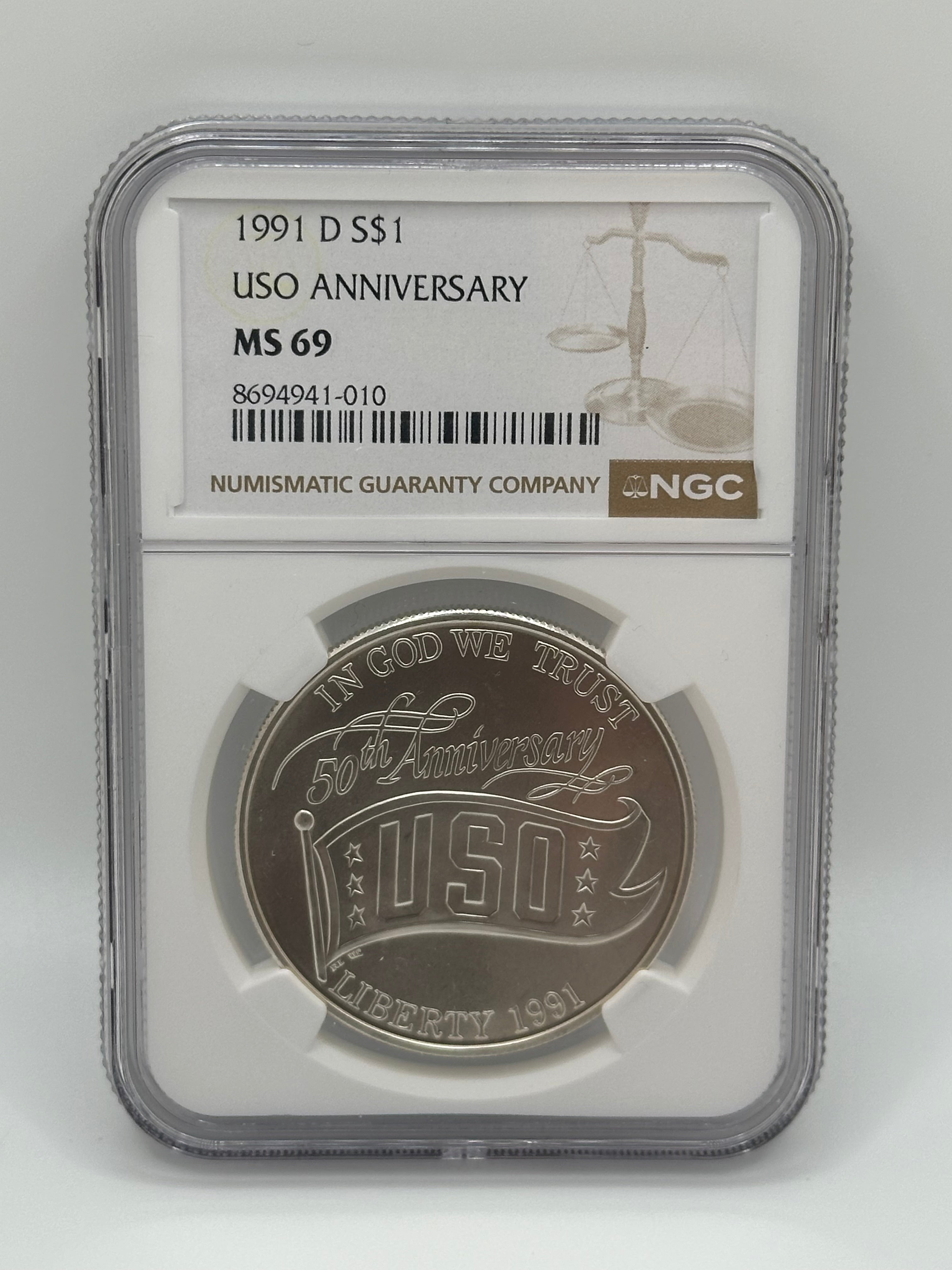 1991-D $1 USO 50th Anniversary Silver Dollar MS69
