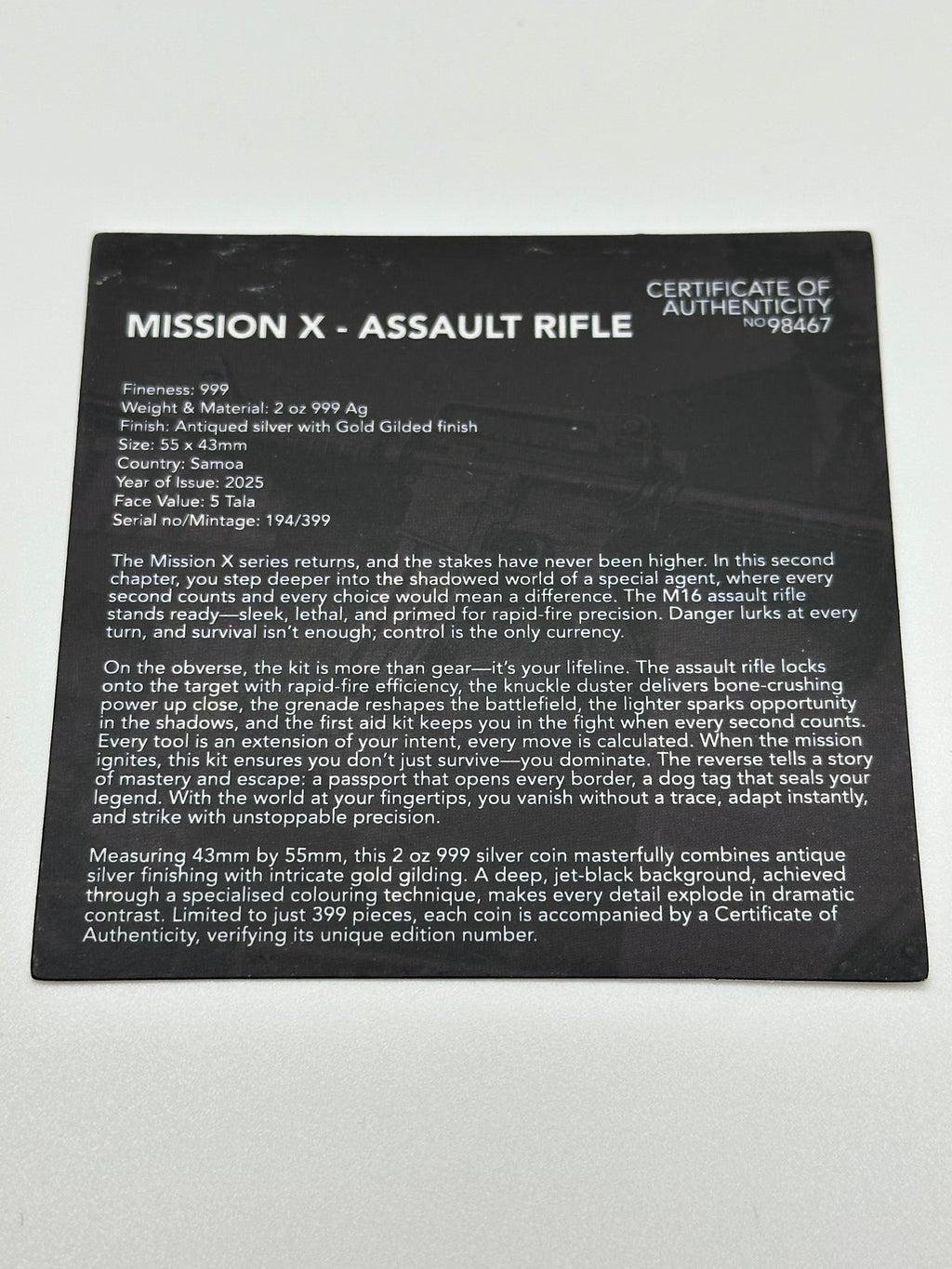 Mission X – Assault Rifle 2 oz Fine Silver Coin – Samoa 2025 – 5 Tala .999 Silver