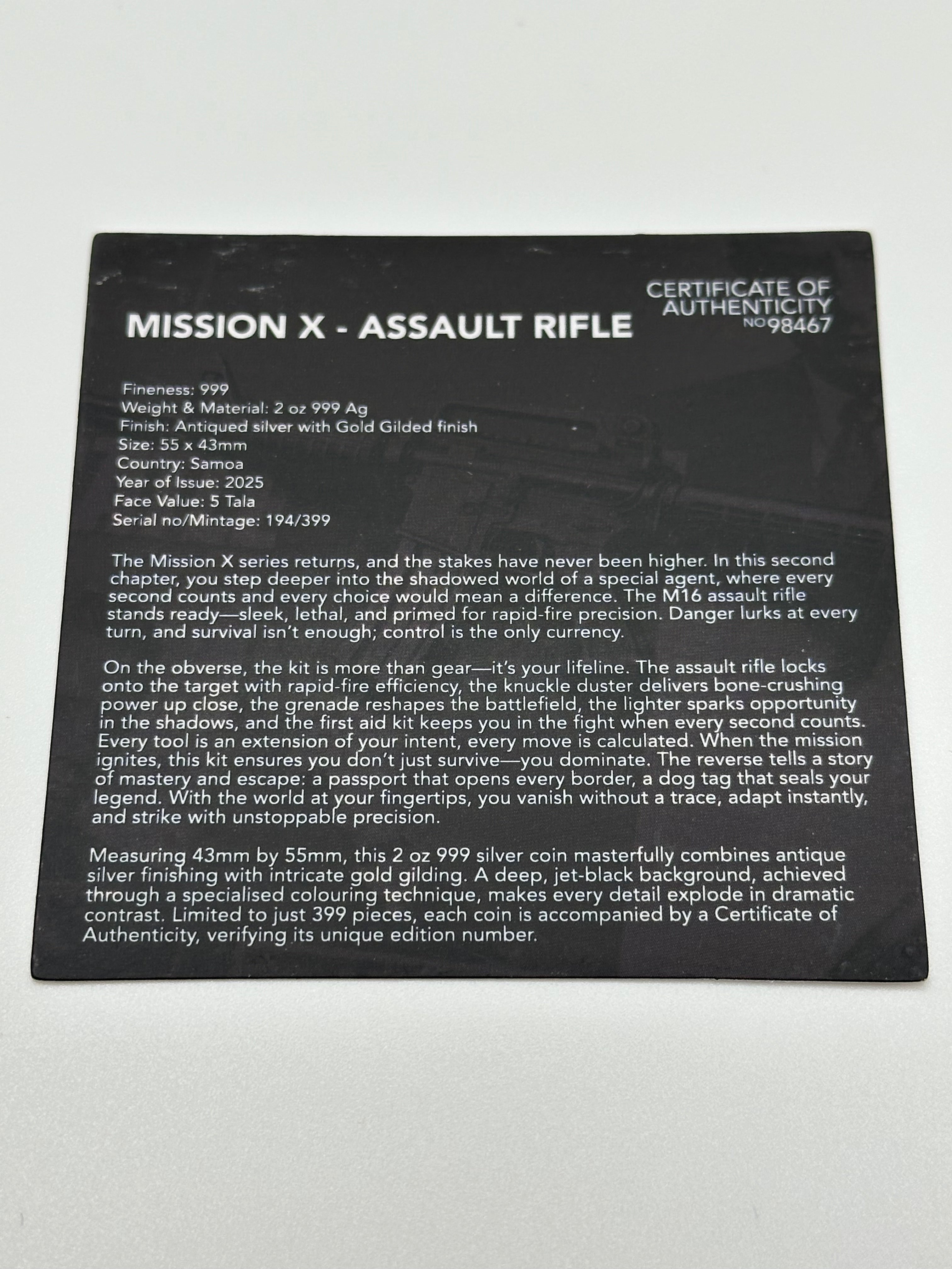 Mission X – Assault Rifle 2 oz Fine Silver Coin – Samoa 2025 – 5 Tala .999 Silver